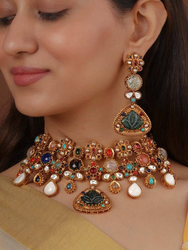 Navratna Gold Plated Navratna Necklace Set - NR-S5