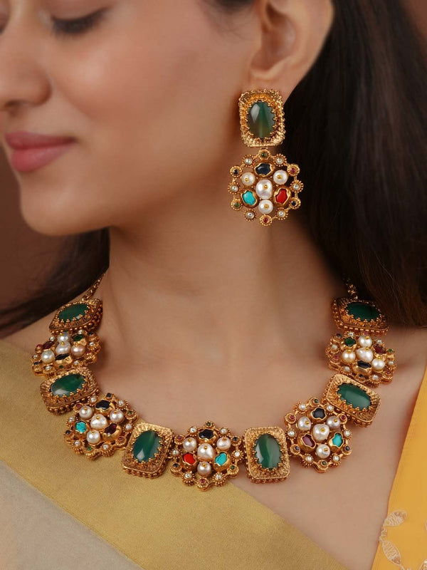 Navratna Gold Plated Navratna Necklace Set - NR-S8
