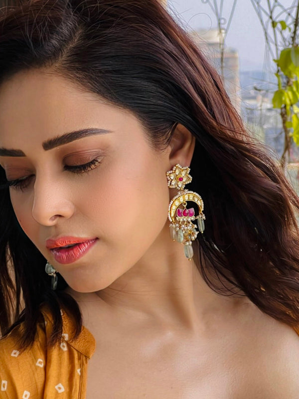 Nushrratt Bharuccha in Pink Color Gold Plated Jadau Kundan Earrings - ME700M