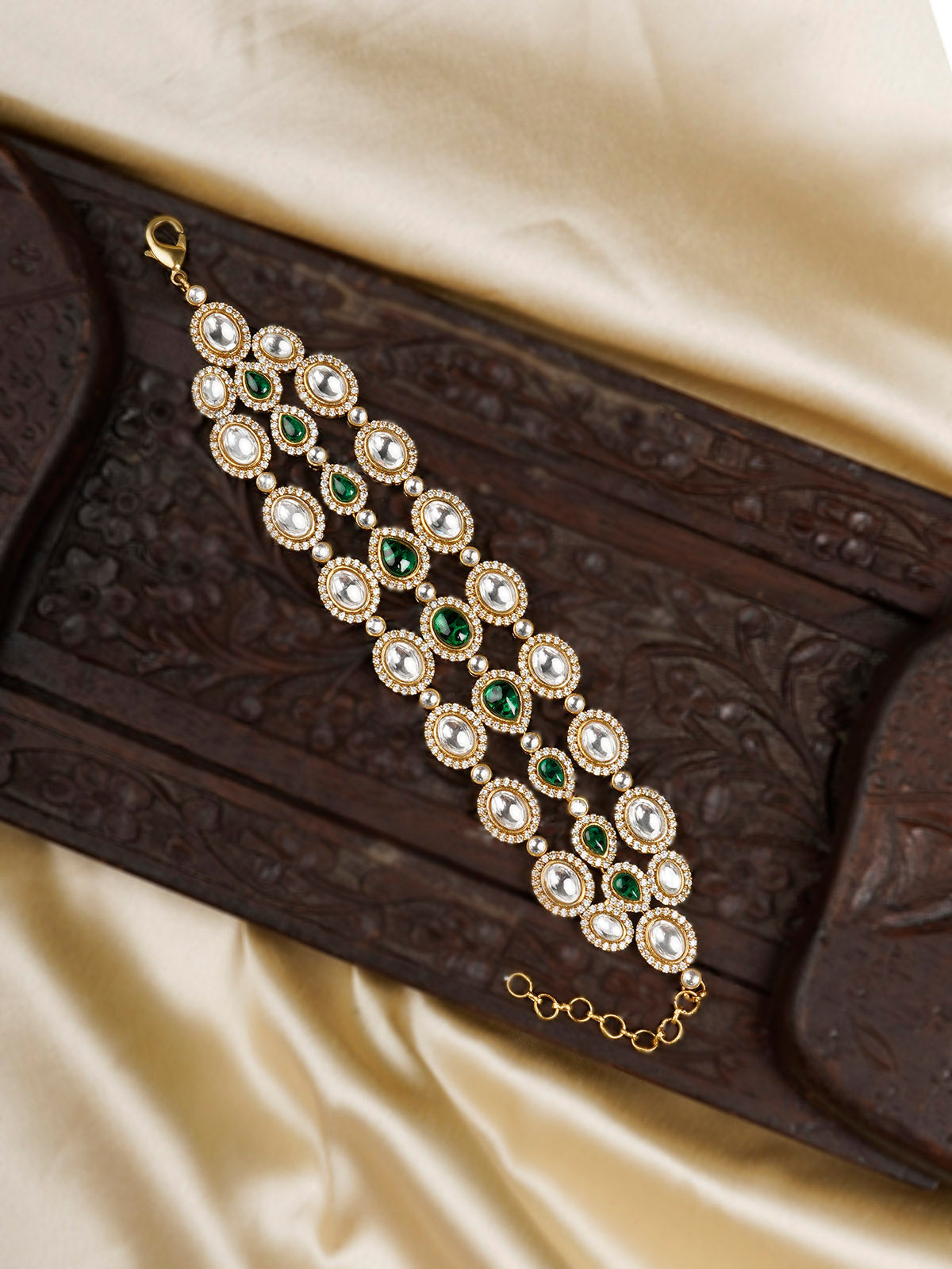 PK-BRAC1WGR - Green Color Gold Plated Faux Polki Bracelet
