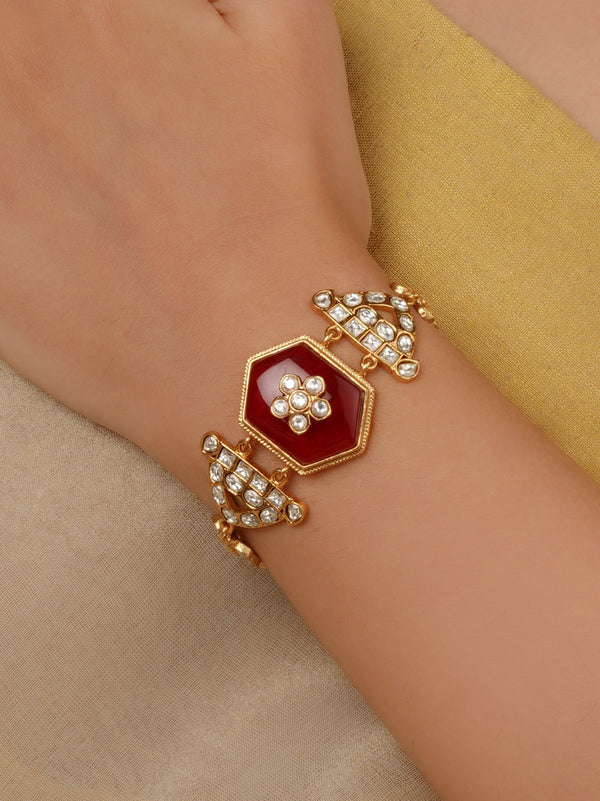 Maroon Color Gold Plated Faux Polki Bracelet (Single Piece) - PK-BRAC20P