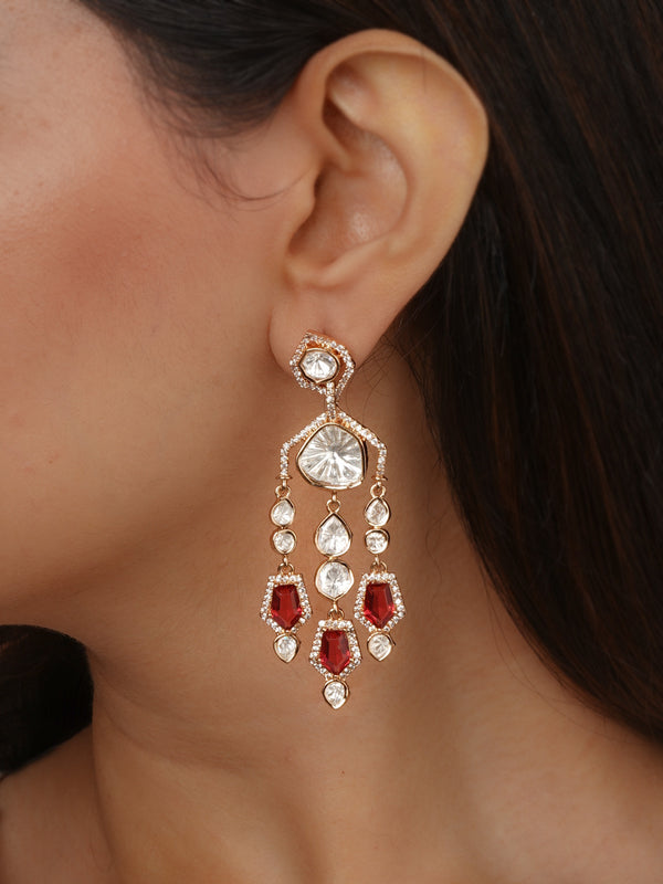 Red Color Gold Plated Faux Polki Earrings - PK-E132R