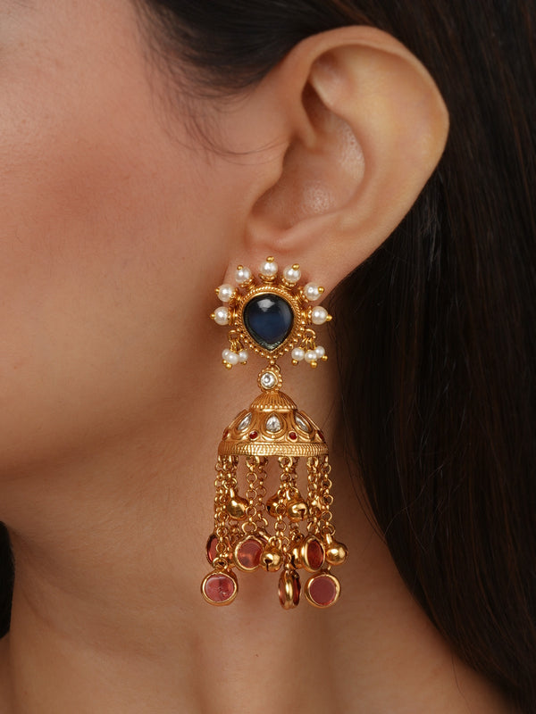 Blue Color Gold Plated Faux Polki Earrings - PK-E135BL