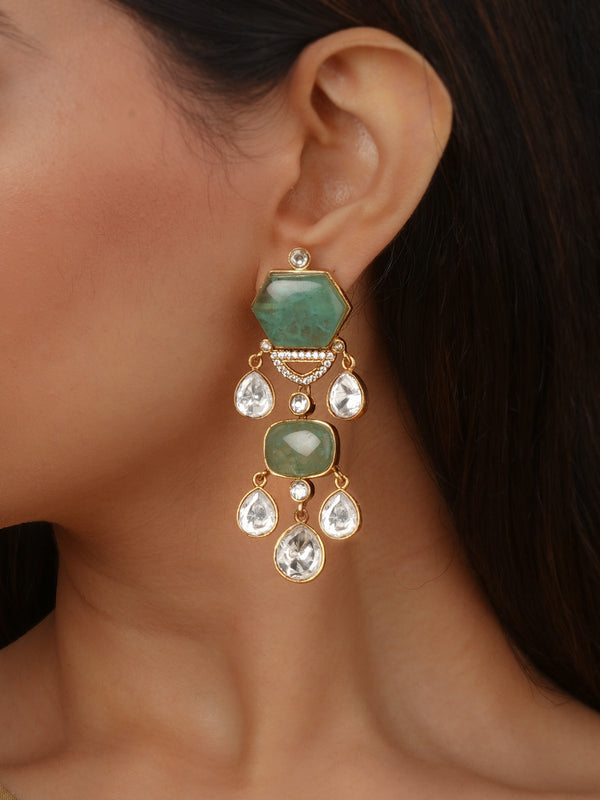 Green Color Gold Plated Faux Polki Earrings - PK-E141
