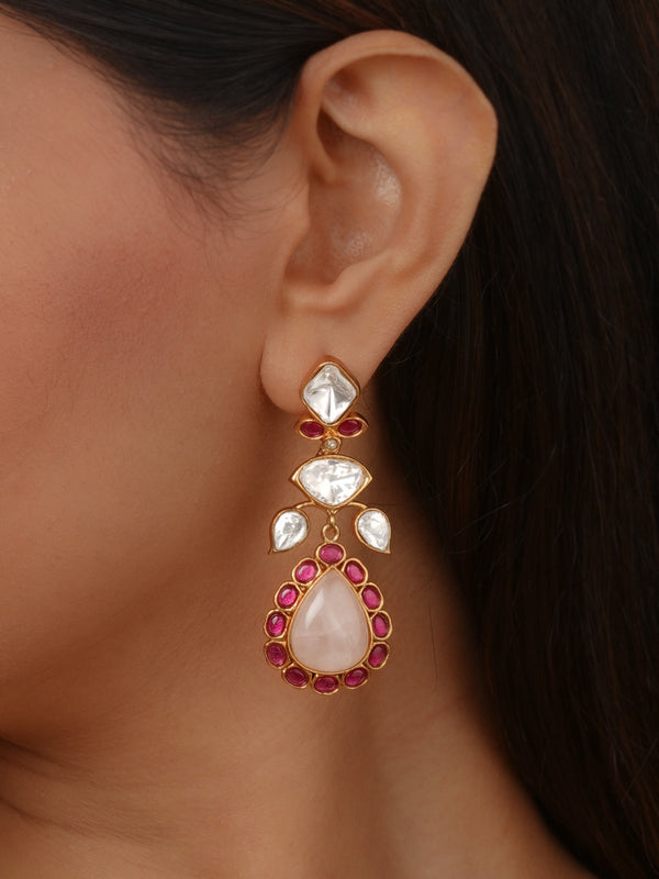 Pink Color Gold Plated Faux Polki Earrings - PK-E145C