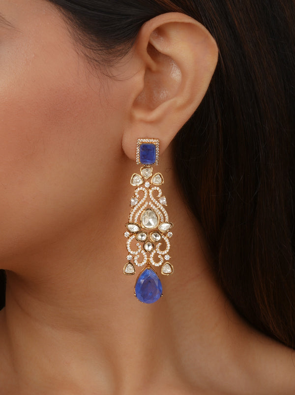 Blue Color Gold Plated Faux Polki Earrings - PK-E148BL