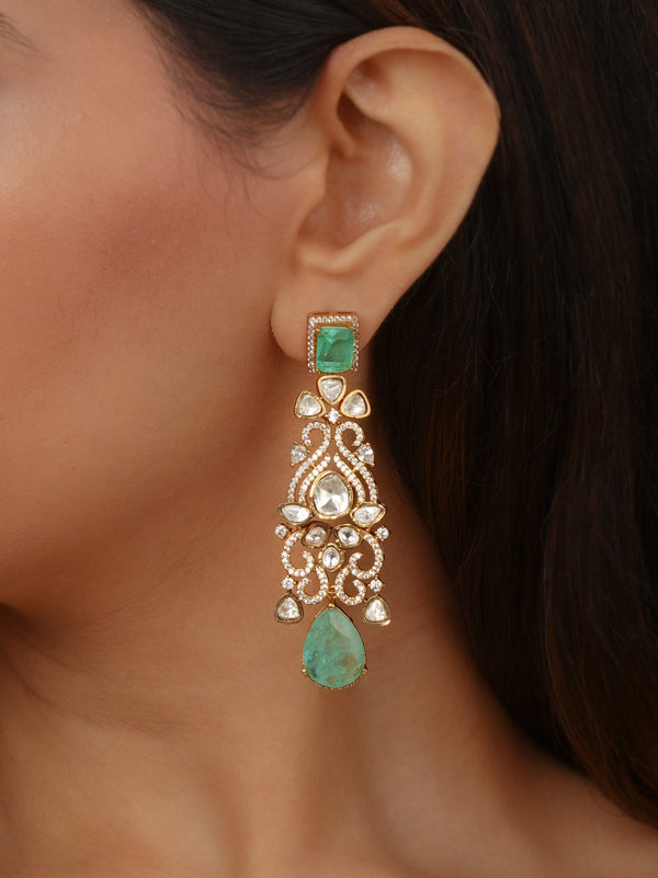 Green Color Gold Plated Faux Polki Earrings - PK-E148LGR