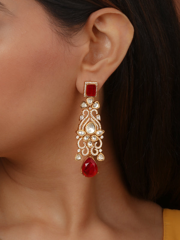 Red Color Gold Plated Faux Polki Earrings - PK-E148R