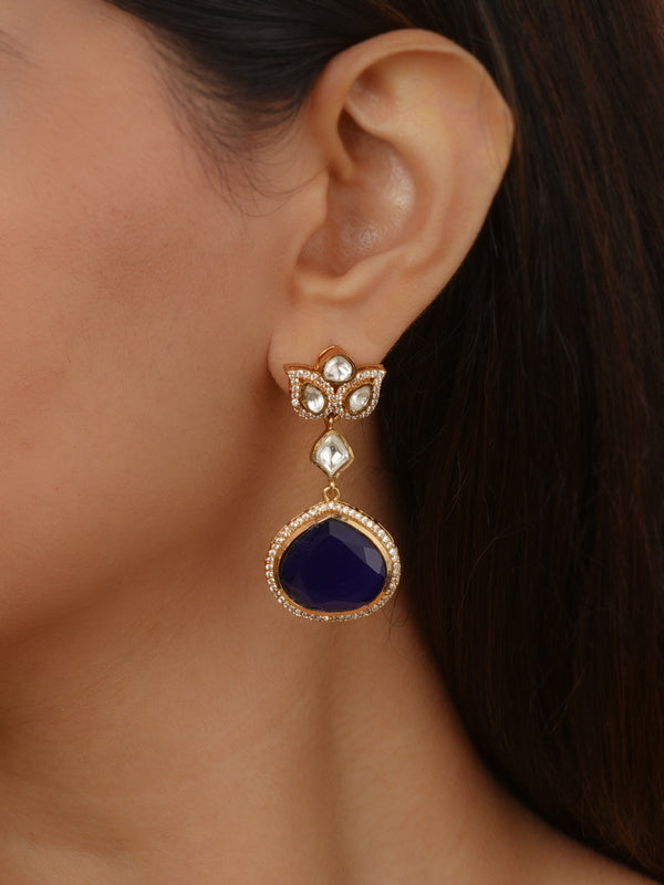 Blue Color Gold Plated Faux Polki Earrings - PK-E158BL