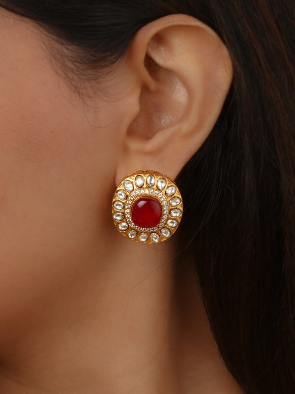 Maroon Gold Plated Faux Polki Earrings - PK-E159R