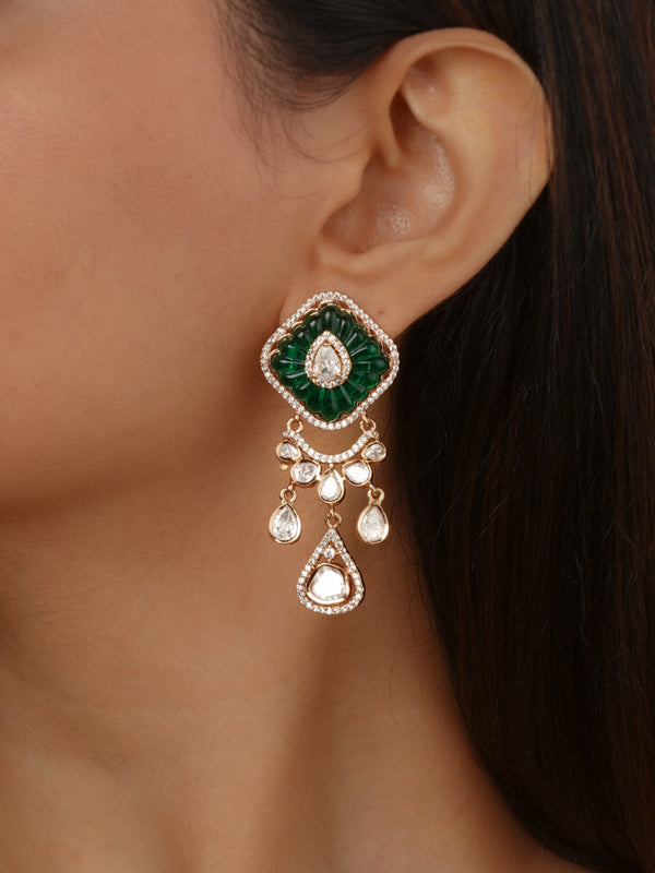 Green Color Gold Plated Faux Polki Earrings - PK-E160D