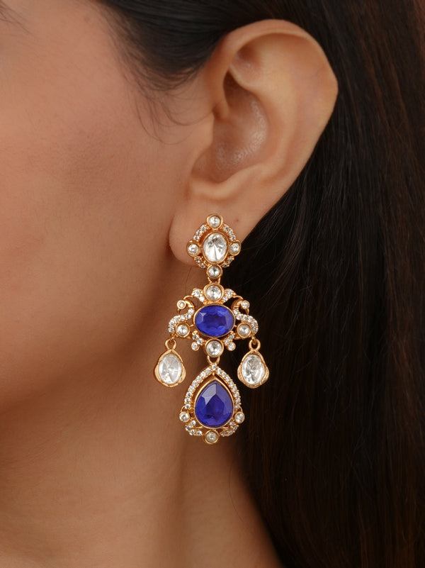 Blue Color Gold Plated Faux Polki Earrings - PK-E161BL