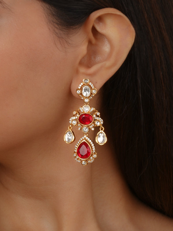 Red Color Gold Plated Faux Polki Earrings - PK-E161R