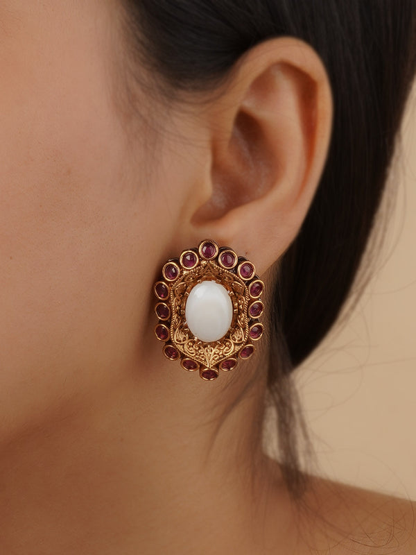 PK-E39M - Pink Color Gold Plated Faux Polki Earrings