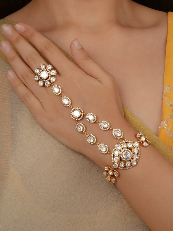 White Color Gold Plated Faux Polki Hathphool (1 Piece) - PK-HP1