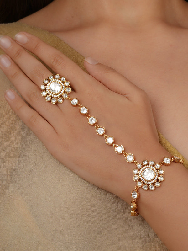 White Color Gold Plated Faux Polki Hathphool (1 Piece) - PK-HP3