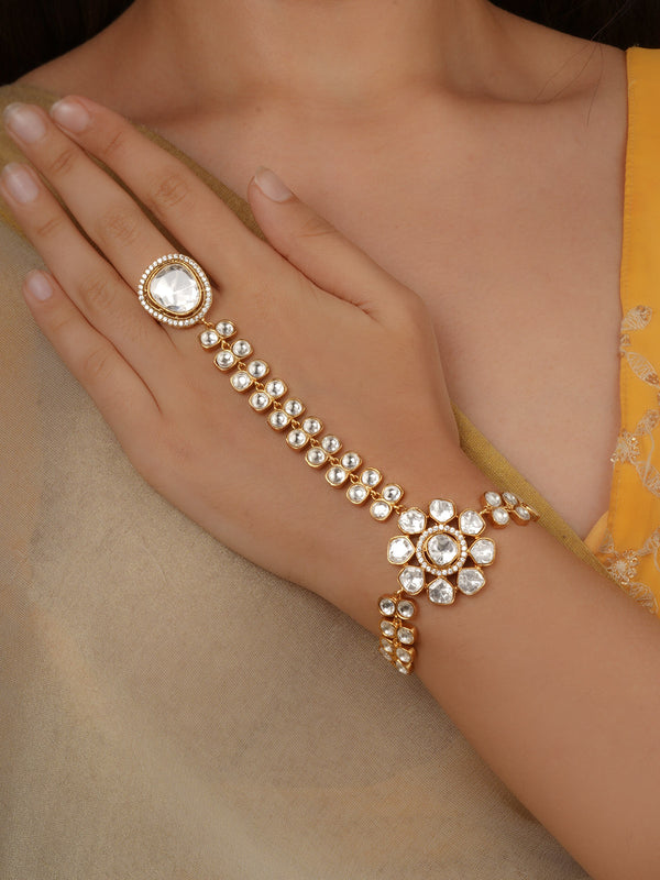 White Color Gold Plated Faux Polki Hathphool (1 Piece) - PK-HP4