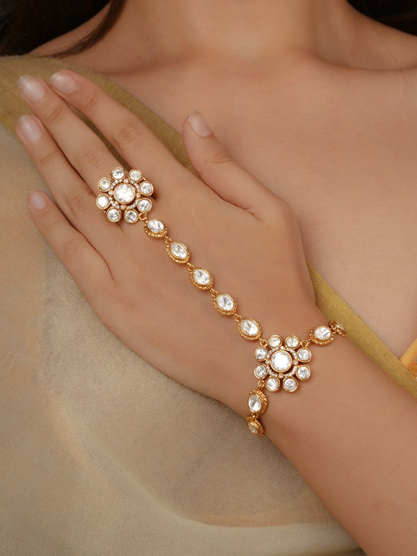 White Color Gold Plated Faux Polki Hathphool (1 Piece) - PK-HP5