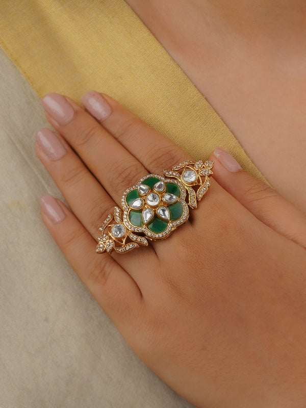 PK-R11GR - Green Color Gold Plated Faux Polki Ring
