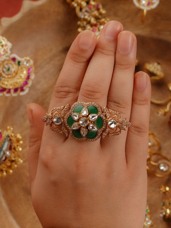PK-R11GR - Green Color Gold Plated Faux Polki Ring