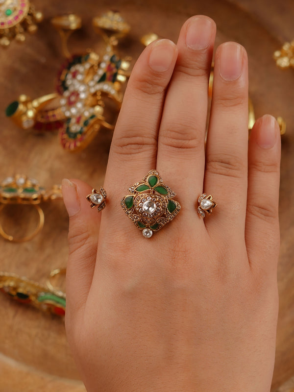 PK-R15GR - Green Color Gold Plated Faux Polki Ring
