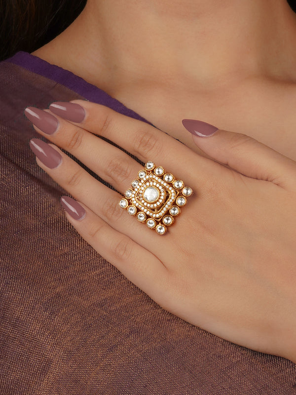 White Color Gold Plated Faux Polki Ring - PK-R34