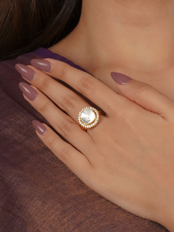 White Color Gold Plated Faux Polki Ring - PK-R36