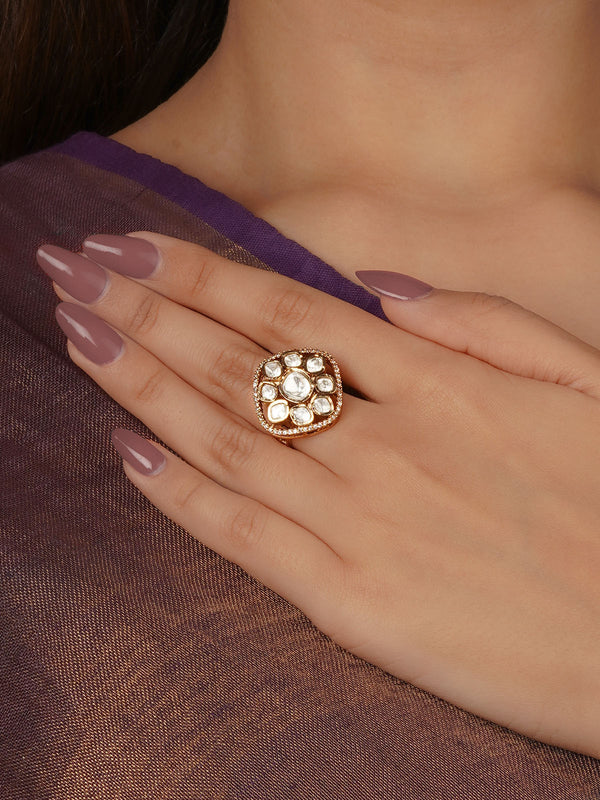 White Color Gold Plated Faux Polki Ring - PK-R37