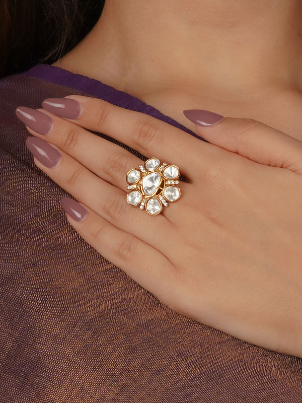 White Color Gold Plated Faux Polki Ring - PK-R38