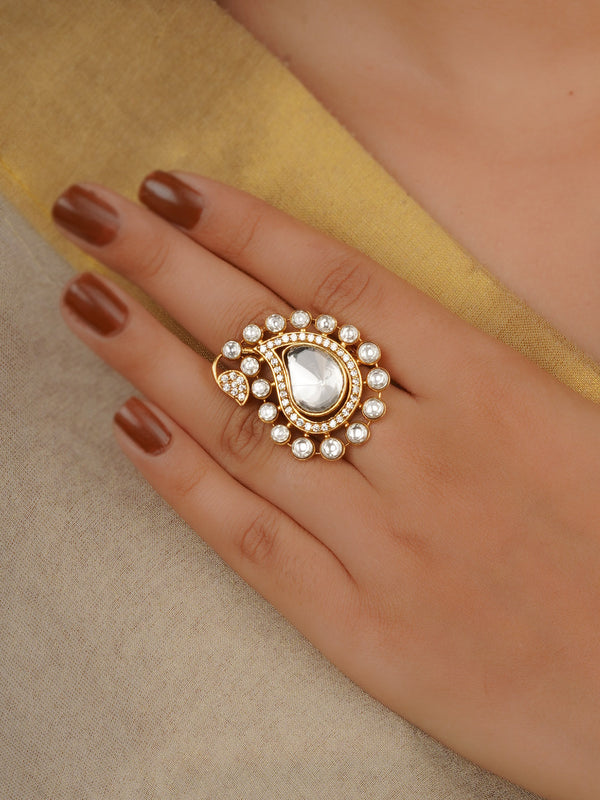 White Color Gold Plated Faux Polki Ring - PK-R45