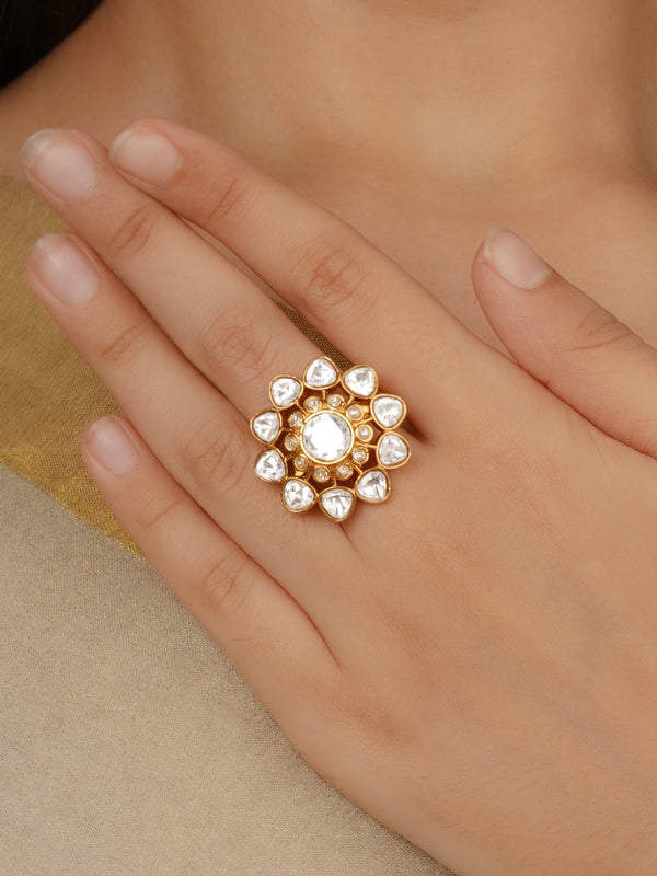 White Color Gold Plated Faux Polki Ring - PK-R62