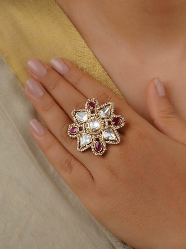 PK-R8WP - Pink Color Gold Plated Faux Polki Ring