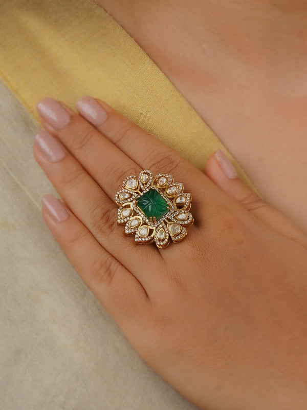 PK-R9GR - Green Color Gold Plated Faux Polki Ring