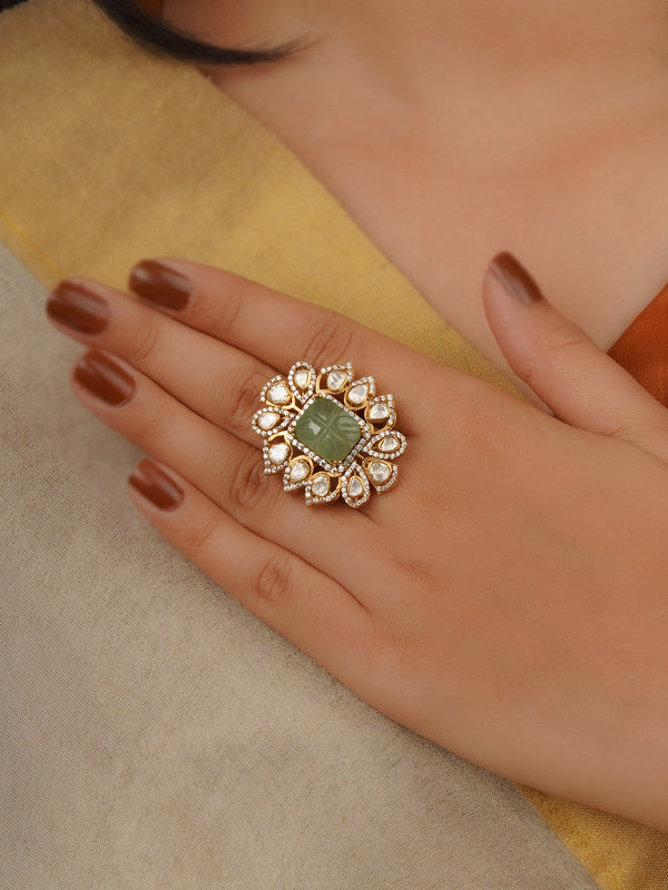 Green Color Gold Plated Faux Polki Ring - PK-R9LGR