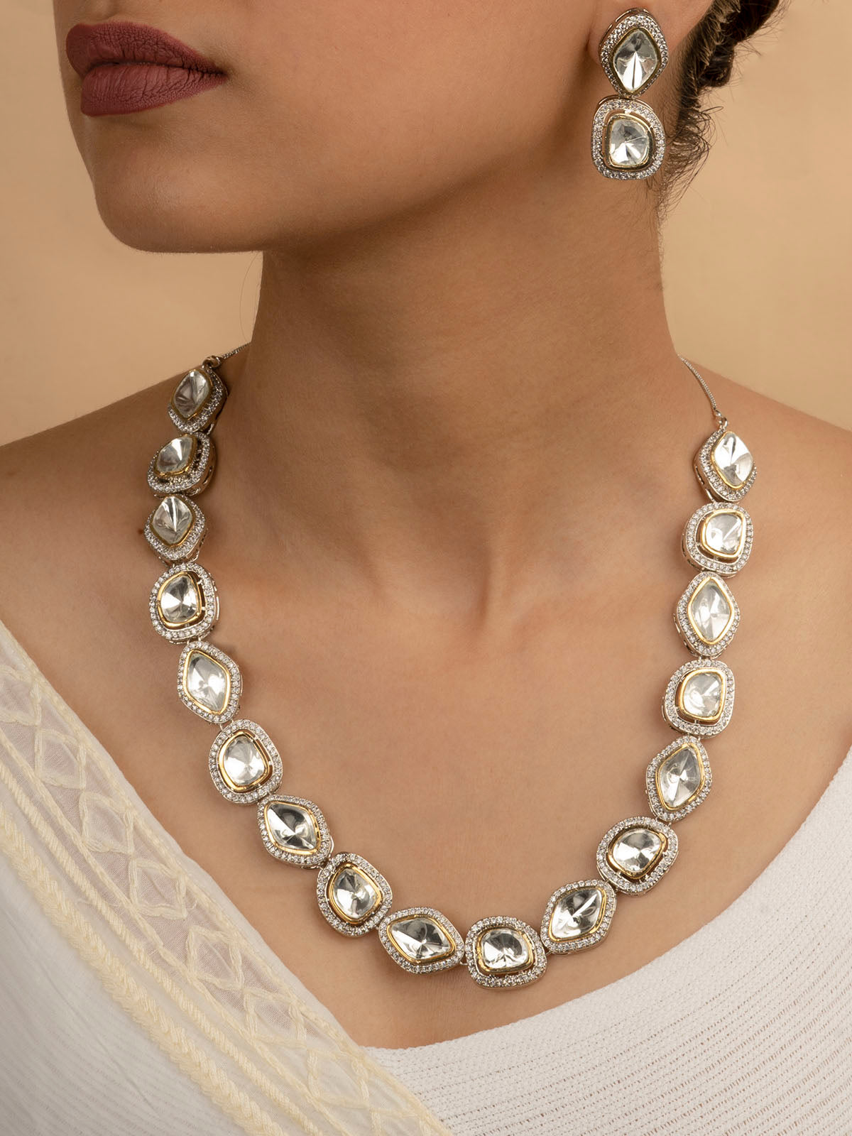 PK-S10 - White Color Gold Plated Faux Diamond Long Necklace Set