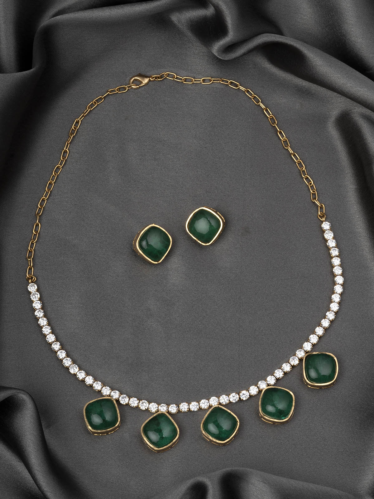 PK-S100 - Green Color Faux Diamond Medium Necklace Set