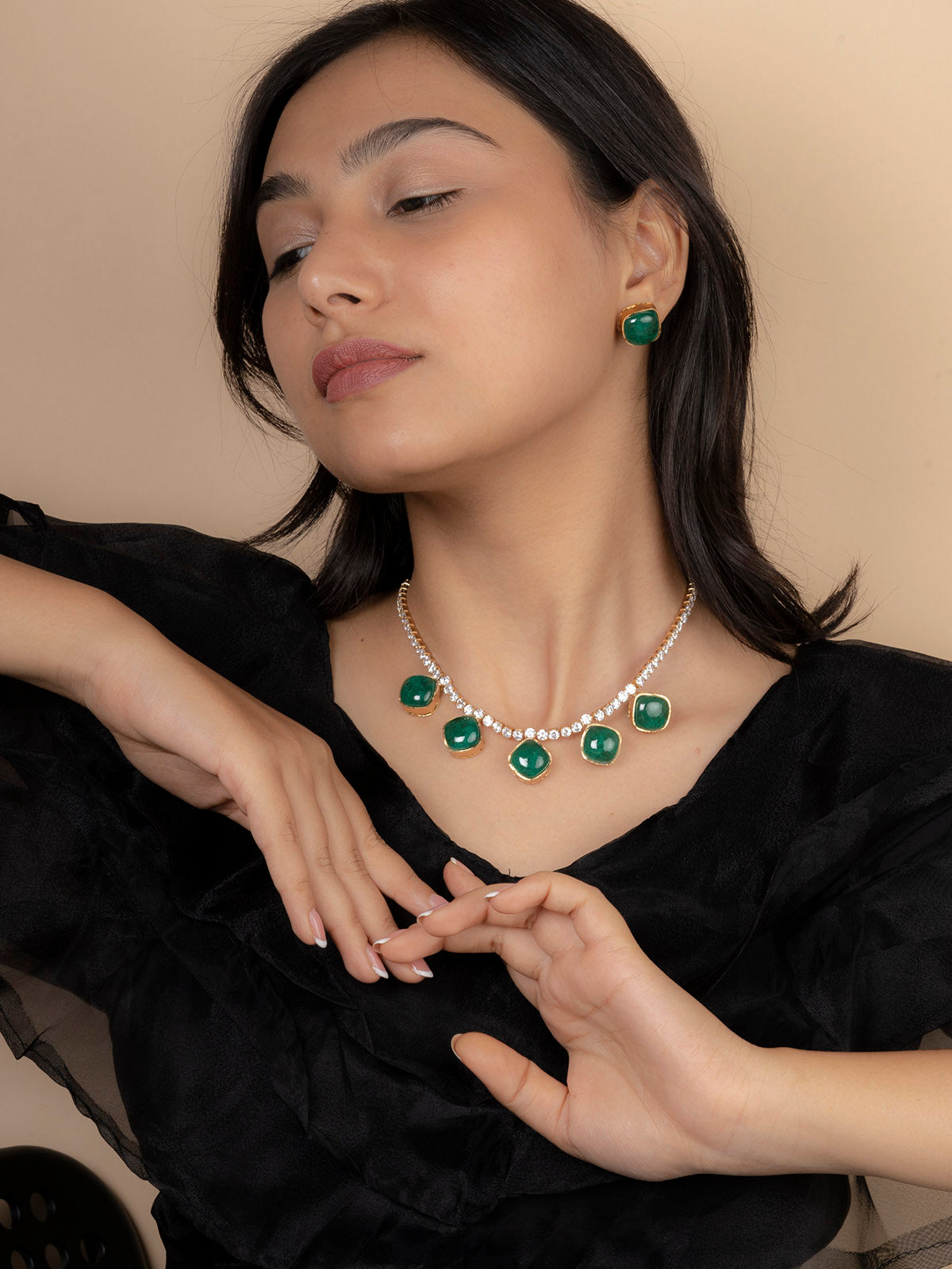PK-S100 - Green Color Faux Diamond Medium Necklace Set