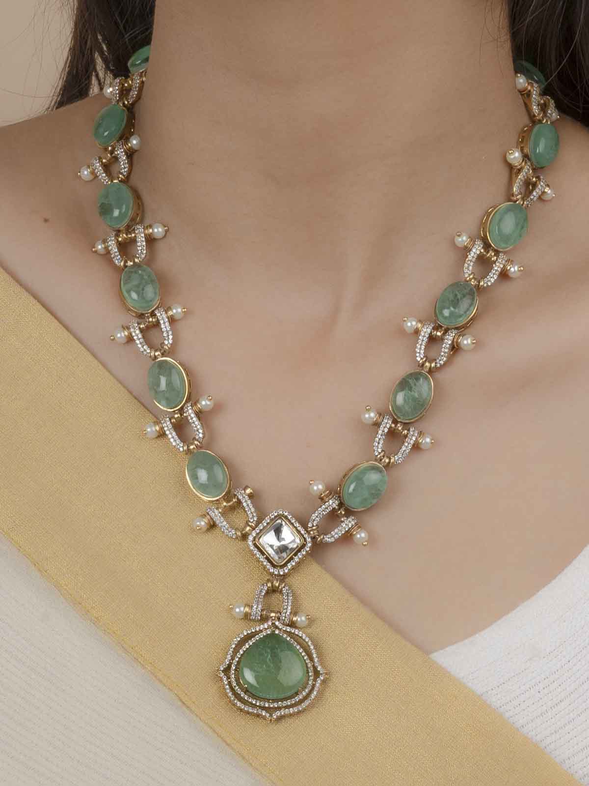 PK-S104LGR - Green Color Gold Plated Faux Diamond Long Necklace Set