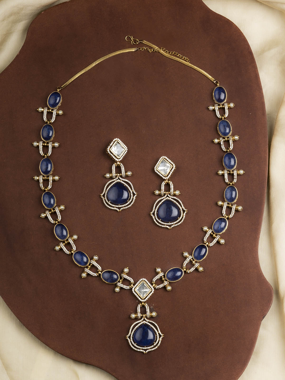 PK-S107BL - Blue Color Faux Diamond Long Necklace Set