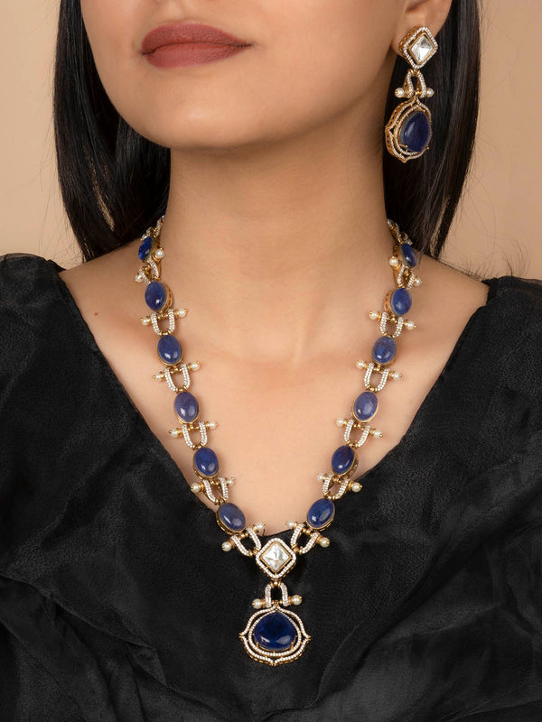 PK-S107BL - Blue Color Faux Diamond Long Necklace Set