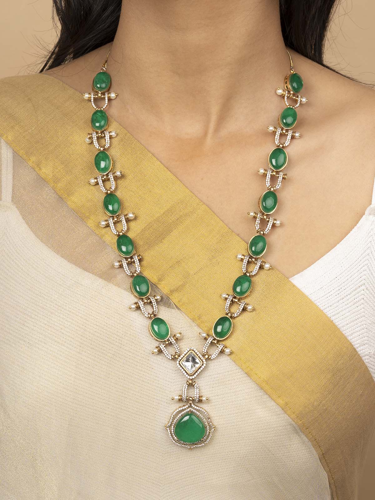 PK-S107GR - Green Color Faux Diamond Long Necklace Set