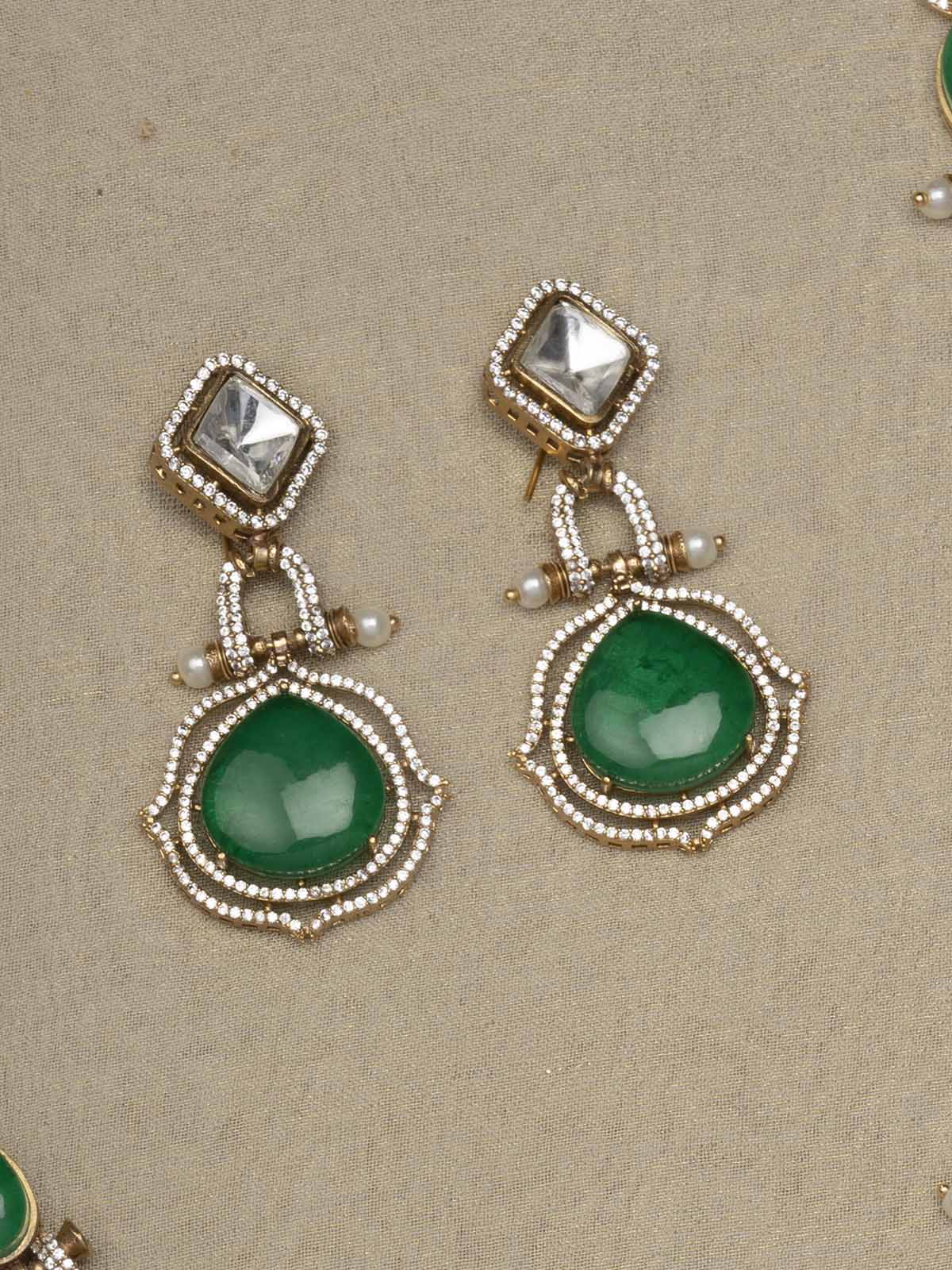 PK-S107GR - Green Color Faux Diamond Long Necklace Set