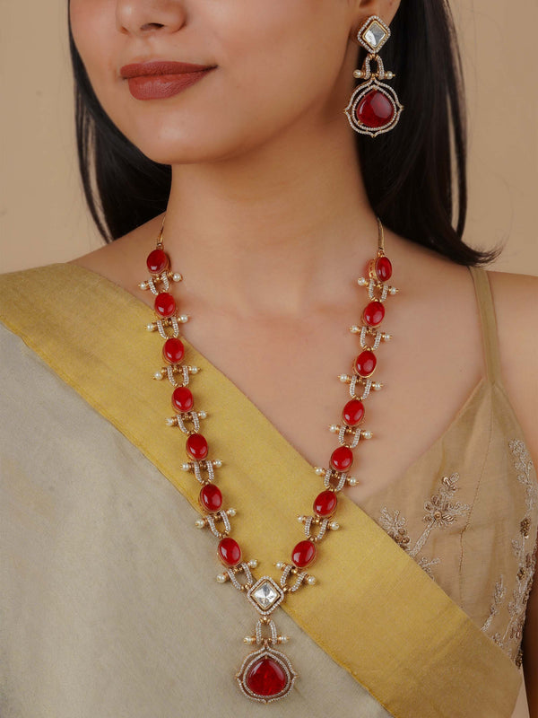 PK-S107R - Red Color Gold Plated Faux Polki Necklace Set