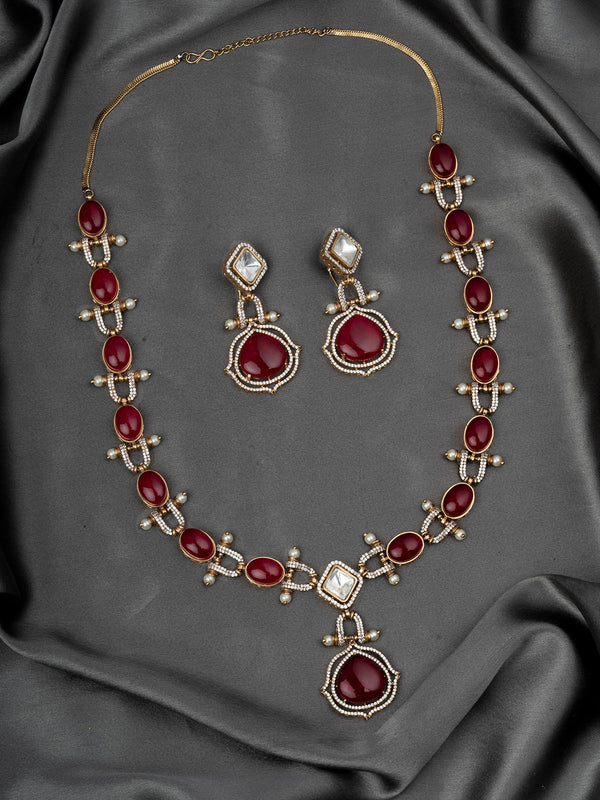 PK-S107R - Red Color Faux Diamond Long Necklace Set
