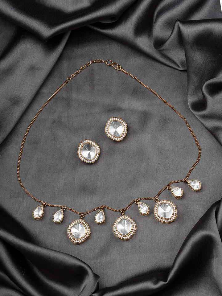 PK-S108 - White Color Gold Plated Faux Diamond Long Necklace Set