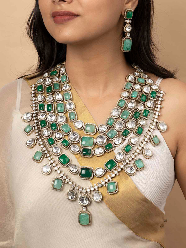 PK-S109 - Green Color Faux Diamond Long Necklace Set