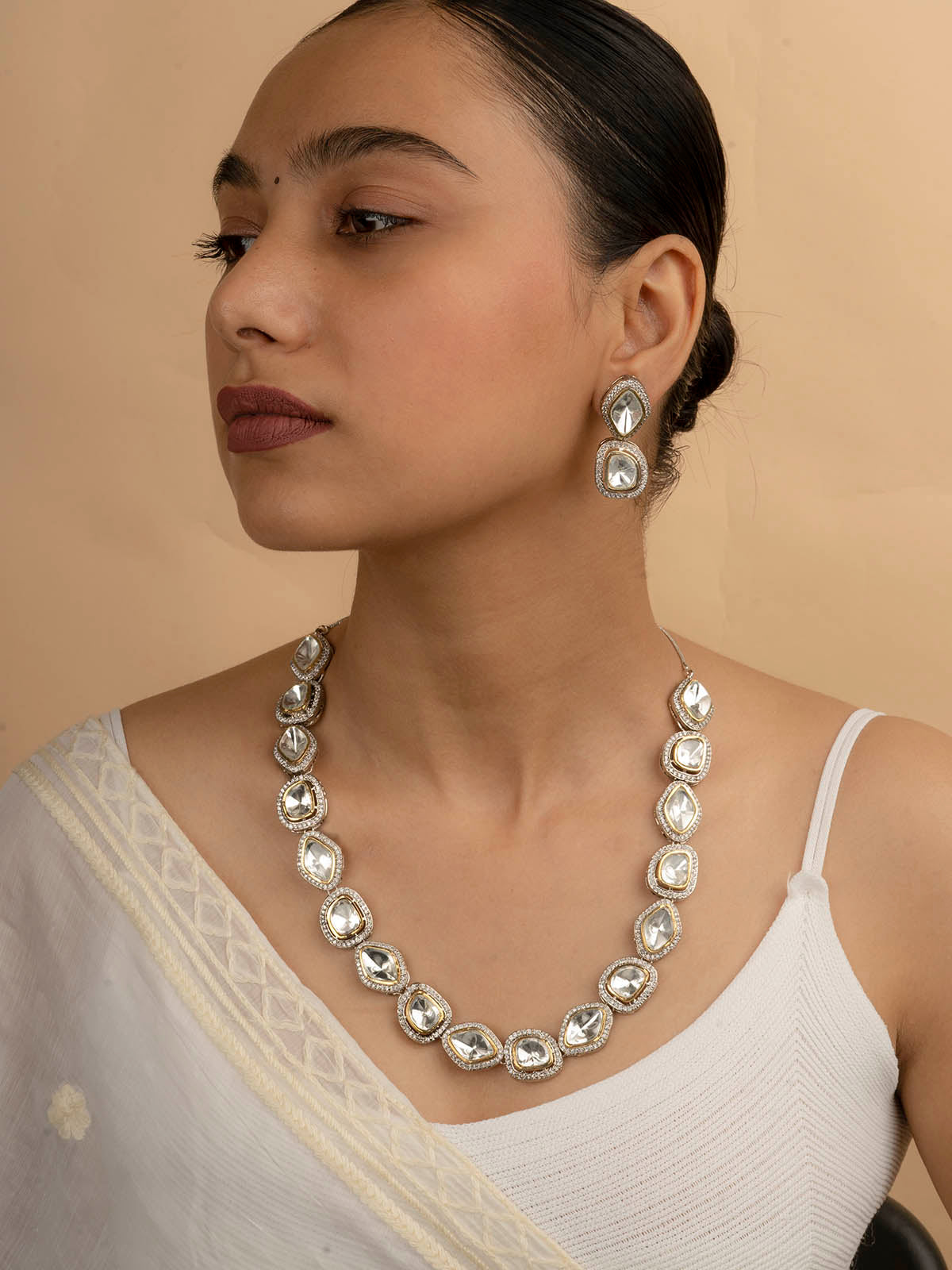 PK-S10 - White Color Gold Plated Faux Diamond Long Necklace Set
