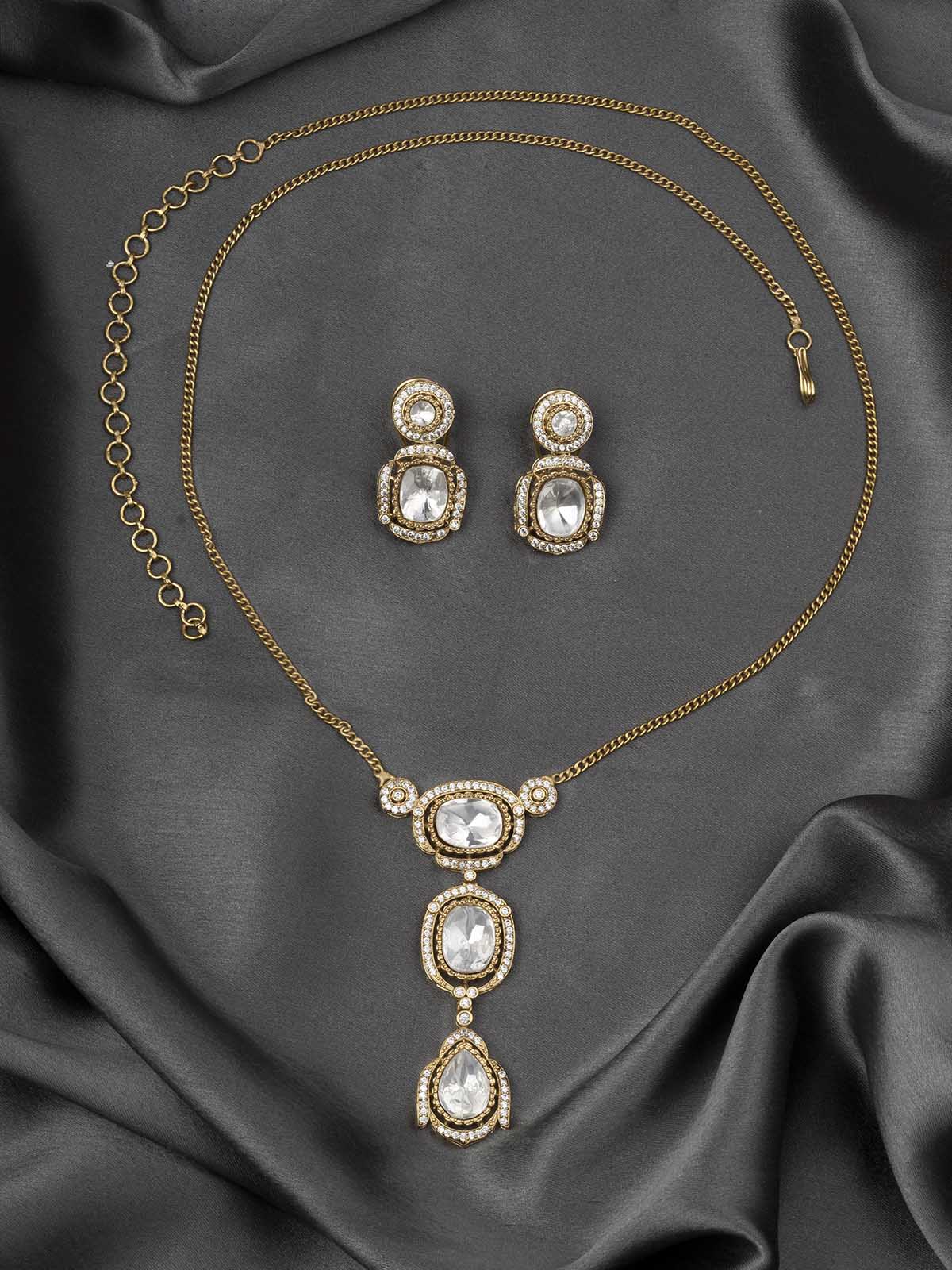 PK-S111 - White Color Gold Plated Faux Diamond Medium Necklace Set