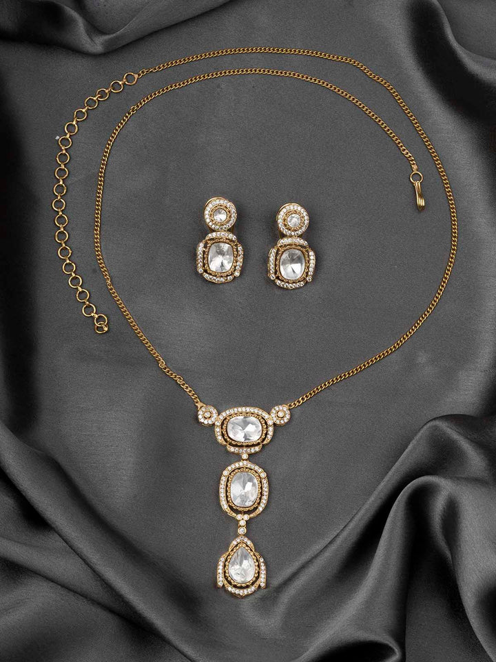 PK-S111 - White Color Gold Plated Faux Diamond Medium Necklace Set