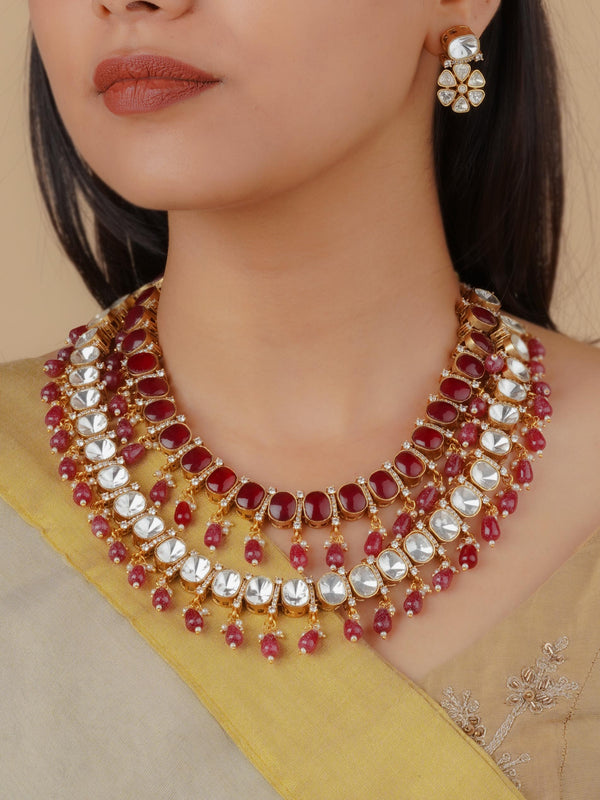 PK-S113PA - Pink Color Gold Plated Faux Polki Necklace Set